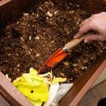 Hand die Erde aus Kompost schippt mit einer kleinen Schaufel