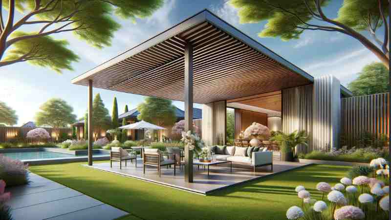 Pavillon aufgebaut mit Lamellendach im eigenen Garten